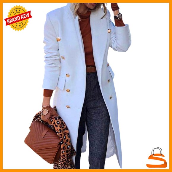 Wool Blend Double Breasted Trench Coat Classic Elegant Fall Winter Business